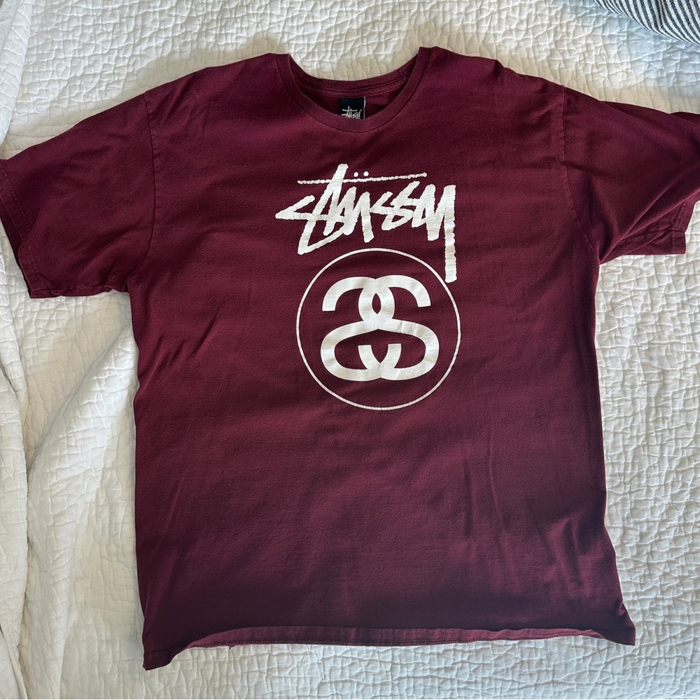 Vintage Stussy Men's Burgundy T-Shirt XL